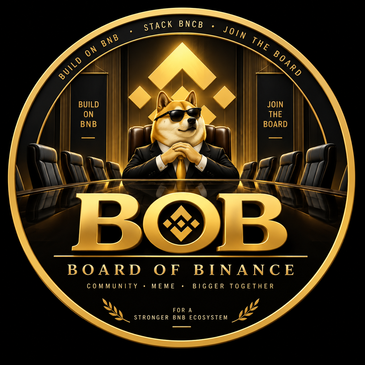 BOB gold emblem: a Doge chairman seated at a boardroom table